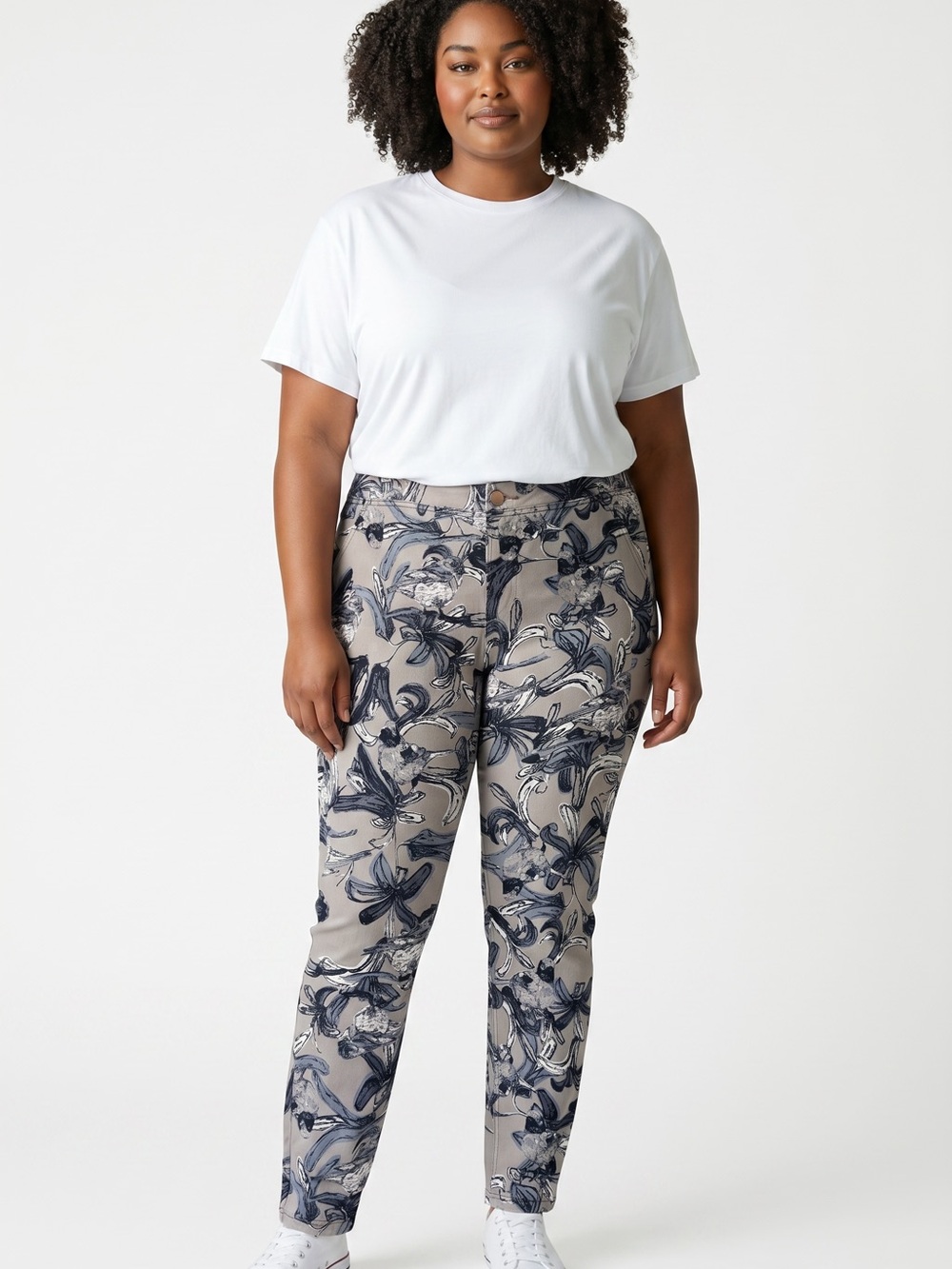HUE Gray and Black Floral-Print Pants